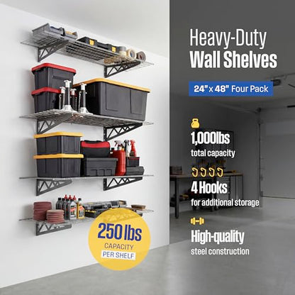 SafeRacks Steel Garage Wall Shelves 4-Pk w/Hooks, 500lb, Hammertone (24x48) - color: Hammertone, size: 24"x48" (4-Pack)