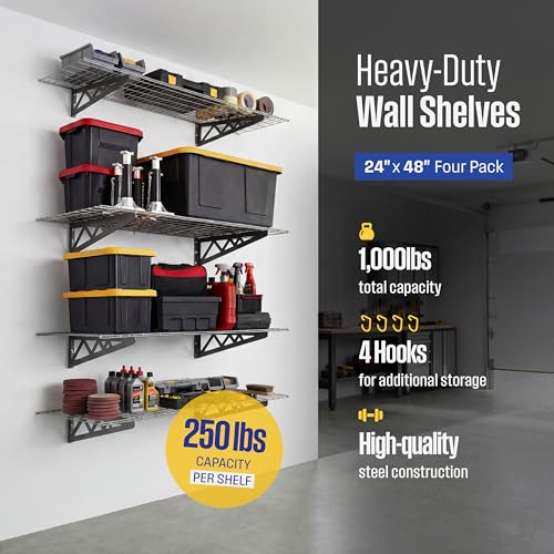 SafeRacks Steel Garage Wall Shelves 4-Pk w/Hooks, 500lb, Hammertone (24x48) - color: Hammertone, size: 24"x48" (4-Pack)