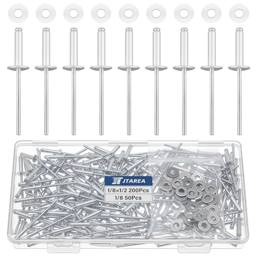 250pcs 1/8" x 1/2" Silver Aluminum Pop Rivets with Stainless Steel Washers 3.2 x 12.7mm Blind Rivet Assortment Kit - size: 1/8*1/2