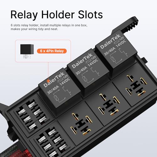 DaierTek 12V Relay Box 6 Way12 AWG Pre-Wired Waterproof Relay Box 6 Slot ATC/ATO Fuse Relay Block Universal Relay Panel for Automotive Car Marine Boat - color: Black, size: RB-R6F6-W2