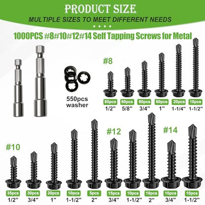 mxuteuk 1000PCS #14#12#10#8 Black Self Tapping Screws,410 Stainless Steel - size: BK 1000PCS #8 #10#12#14 Kit