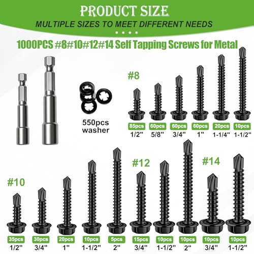 mxuteuk 1000PCS #14#12#10#8 Black Self Tapping Screws,410 Stainless Steel - size: BK 1000PCS #8 #10#12#14 Kit