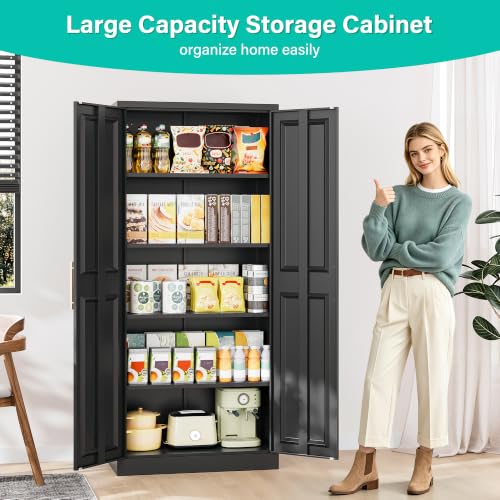 SISESOL 71" Tall Storage Cabinet with 2 Door and 5 Shelves, Wide & Deep Kitchen Pantry Cabinet,Black Metal Cabinets,Large Cupboard for Home,Kitchen,Laundry - color: Black, size: 71"H