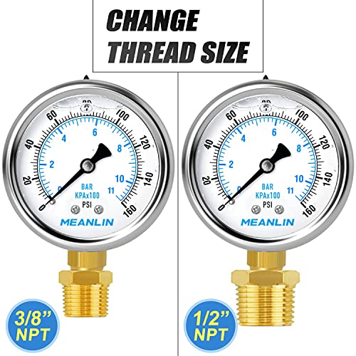 MEANLIN MEASURE 0~160Psi Stainless Steel 1/4" NPT 2.5" FACE DIAL Liquid Filled Pressure Gauge WOG Water Oil Air Lower Mount (Pack of 2), with 1/2" NPT and 3/8" NPT Hex Bushing - size: 0-160Psi (2Pcs)