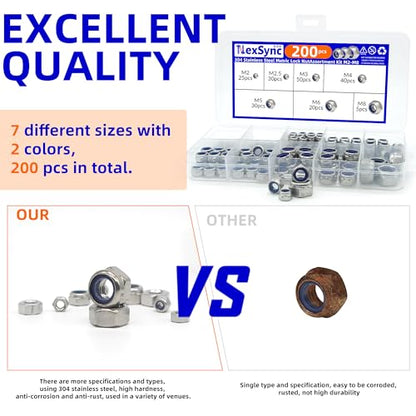 200pcs 304 Stainless Steel Nylon Insert Lock Nut Assortment Kit M2-M8
