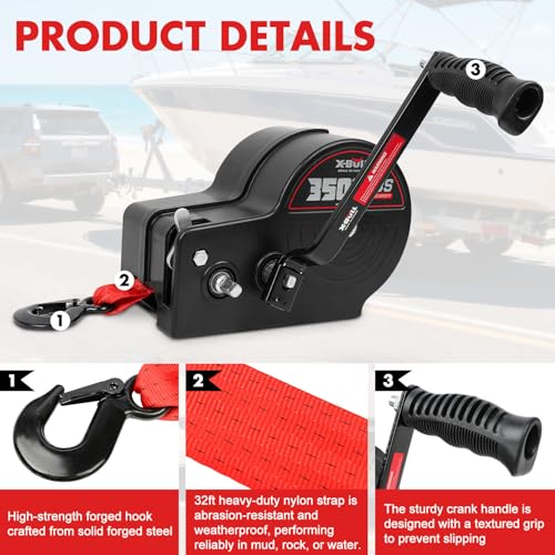 X-BULL Heavy Duty Boat Trailer Winch 3500 LBS 32FT Strap New Upgraded Quick-Connect Handle and Enclosed Housing, 2-Way Ratchet 4:1/8:1 Gear Winch for Boat, Truck, Trailer, RV, ATV, Jet Ski - size: 3500 LBS