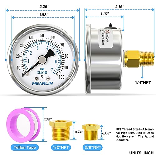 MEANLIN MEASURE 0~100Psi Dry Pressure Gauge Stainless Steel 1/4" NPT 2" FACE DIAL Waterproof for Well Pump Water Tire Water Pressure Tester Back Mount, with 1/2" NPT and 3/8" NPT Hex Bushing - size: 0-100Psi
