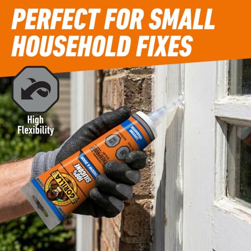 Gorilla 100% Silicone Window and Door Sealant Caulk, 2.8 fl oz, Clear, Waterproof, Easy to Use Touch-Up Caulking for Window Frames Door Frames Siding Trim Vents Indoor Outdoor - color: Clear, size: 2.8 Ounce