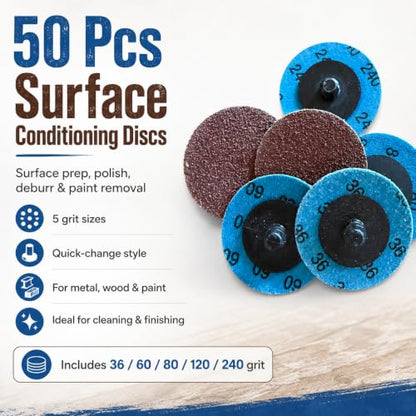 Surface Conditioning Discs, 50 Pcs, 36 60 80 120 240 Grit, Quick Change Abrasive Pads for Polishing, Deburring, Rust and Paint Removal