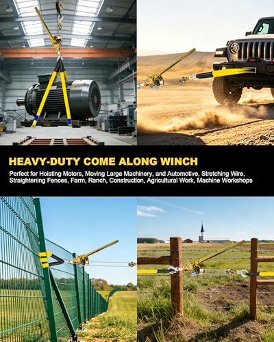 Come Along Winch Puller 3T 10FT, Cable Hoist Winch Puller with 2 Hooks, 2 Towing Straps 8FT, Come Along Tool Heavy Duty, Ratchet Puller for Lifting Pulling Construction Building - size: 3T-10FT(+2straps)