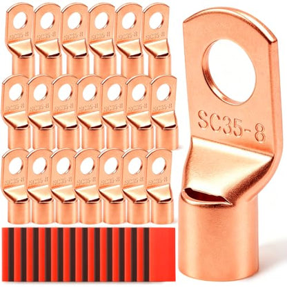 Twidec/25PCS AWG 2 Copper Wire Lugs Battery Cable Ends SC35-8,Ring Terminals Connectors,Copper Ring Terminals,Battery Terminals Connectors Kits with Heat Shrink - color: 26PCS