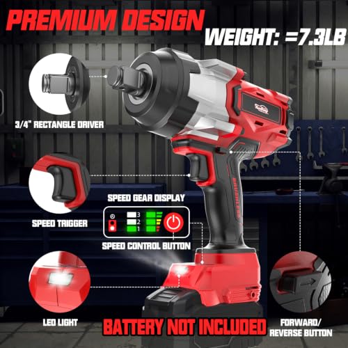 Cordless Impact Wrench 3/4" Compatible with Milwaukee 18V Battery, 1850Ft-lbs(2500N.m) High Torque Impact Gun Heavy Duty, Brushless Electric Power Impact Driver with 4 Speed Modes & LED Work Light - size: 3/4" 2500NM Compatible with Milwaukee