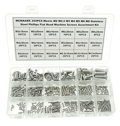 353PCS Metric M2 M2.5 M3 M4 M5 M6 M8 304 Stainless Steel Phillips Flat Head Machine Screws Assortment Kit