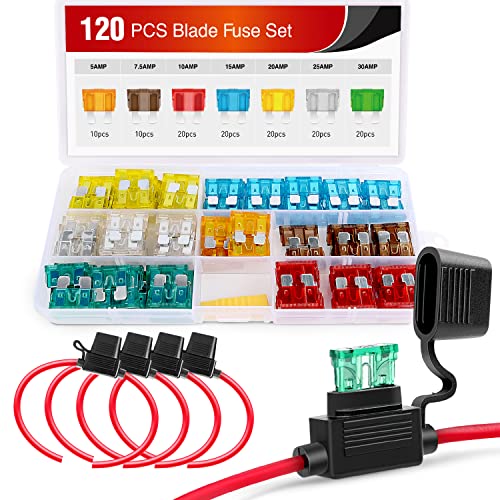 Nilight - 50030R 120 pcs Standard Blade Fuses 5A/7.5A/10A/15A/20A/25A/30A AMP Assorted Set With 5 Pack 12AWG ATC/ATO Inline Fuse Holder, 2 Years Warranty - color: 120Pcs ATC/ATO Fuse + 12AWG Holder 5