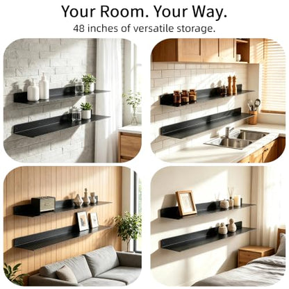 48 Inch 2-Pack Metal Floating Shelves for Wall, Heavy Duty Carbon Steel Floating Shelves, Farmhouse Industrial Home Rust-Proof Bathroom Kitchen Living Room Garage Storage Rack with Anchors