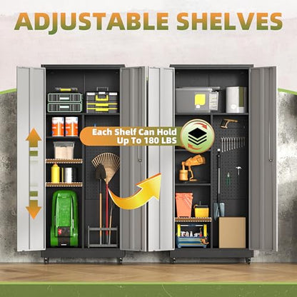 71''H Metal Garage Storage Cabinet with Wheels, Broom Cabinet with Lock - color: Black Gray, size: 71''h broom cabinet
