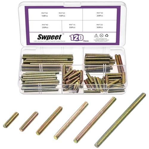 Swpeet 120Pcs 6 Sizes M4 x 16/20/ 30/40/ 50/ 60mm Galvanized Carbon Steel Fully Threaded Rod Assortment Kit, Threaded Rods Bar Studs for Furniture Machinery Assembly - style: M4