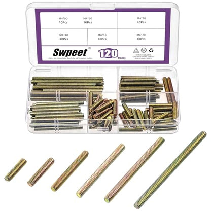 Swpeet 120Pcs 6 Sizes M4 x 16/20/ 30/40/ 50/ 60mm Galvanized Carbon Steel Fully Threaded Rod Assortment Kit, Threaded Rods Bar Studs for Furniture Machinery Assembly - style: M4