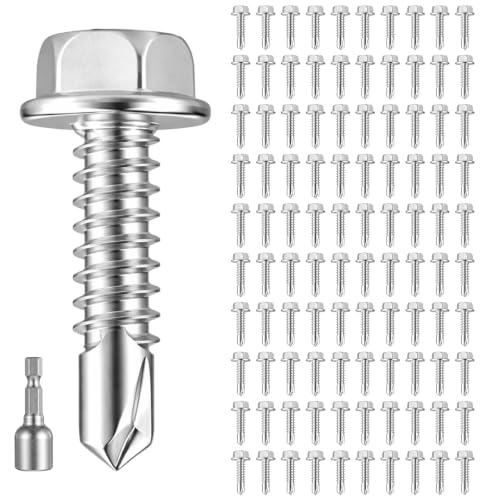 Zonon 100 Pcs #8 x 1-1/4"self Tapping Screws, 410 Stainless Hex Washer Head - color: Silver, size: #8 x 1-1/4"