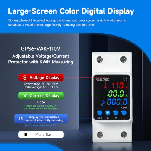 GEYA Adjustable Over & Under Voltage Protection Device Digital Display Voltage Current Protector 110V Din Rail(GPS6-VAK,63A) - color: Gps6-VAK-Voltage Current KWH, size: 2p-63a-110v