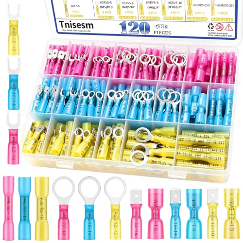 Tnisesm 120Pcs Heat Shrink Wire Connectors, Waterproof Insulated Automotive Marine Electrical Terminals Kit, Crimp Connector Assortment, Ring Fork Spade Splices - color: 120PCS, size: Heat shrink style