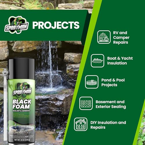 Sprayman Black Waterfall Foam Sealant - (2x12oz) Expanding Polyurethane Pond Foam Sealer, UV Resistant, Water Proof Spray for Landscape & Exterior, Straw Use, 2 Pack - size: 2 Pack