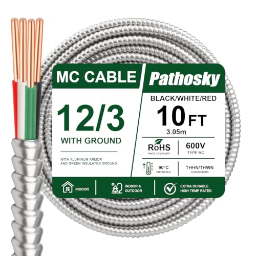 12/3 MC Cable 10FT, Metal Clad Electrical Wire with Green Insulated Ground, 12 AWG Solid Pure Copper Conductors, Aluminum Armor Real THHN/THWN, 600V 90°C Indoor/Outdoor Rated UL Listed - color: 10 FT, size: 12AWG/3
