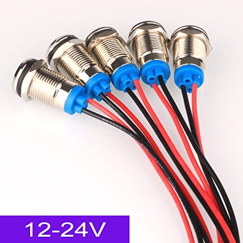 Gebildet 5pcs 10mm Energy-saving LED Metal Indicator Light AC/DC 12-24V Waterproof Signal Lamp with Wire(Blue) - color: Blue AC/DC 12-24V