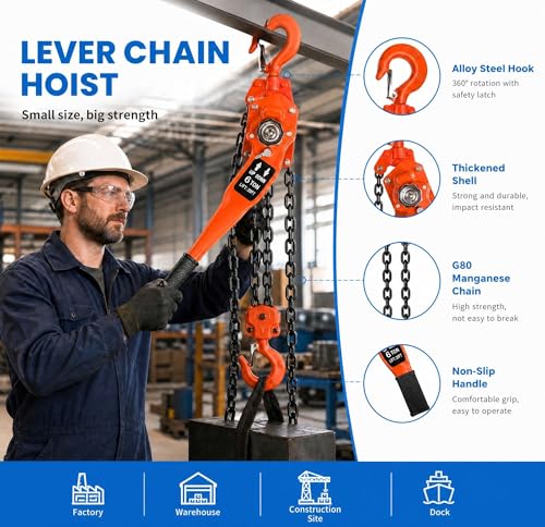 Manual Lever Chain Hoist 6 Ton 13200 Lbs, Heavy Duty Come Along Winch with Dual Pawl Brake, G80 Galvanized Carbon Steel Auto Chain Leading & 360° Hook for Garage Factory Dock（10FT） - size: 6T*10FT