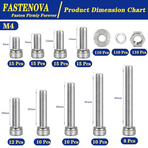 440Pcs M4 Screws Assortment Kit, M4 Screws (9 Sizes 6-40mm) for 3D Printer DIY, Hex Socket Head Cap Screw Bolts Nuts Washer Kit, 304 Stainless Steel, 6/8/12/16/20/25/30/35/40mm - size: M4x6/8/12/16/20/25/30/35/40mm, style: Socket Head