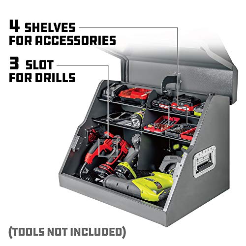 Powerbuilt 26 In. Portable Slant Front Power Tool Locker Toolbox with Power Drill Slots, Storage Compartments, 16 Ga. Steel, Chrome Hardware, Weather-Resistant Locking Polymer Lid, Gas Struts, 941805E - style: Power Tool