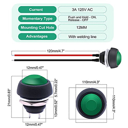 Twidec/6Pcs 12mm Momentary Push Button Switch 1/2" Mounting Hole On Off Mini Round Waterproof Green with Pre-soldered Wires PBS-33B-G-X - color: Green-12mm, size: Momentary