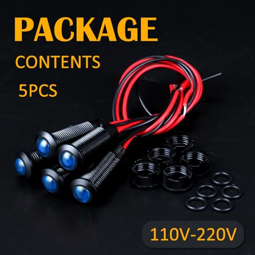 5pcs 8mm LED Indicator Light Plastic Black Signal Dot Lamp 110-220V AC 5/16" Mounting Hole Size with 15cm/5.9in. Wire (Blue LED) - color: Blue, size: 8mm 110-220V