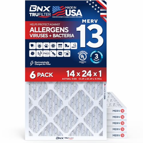 BNX TruFilter 14x24x1 Air Filter MERV 13 AC Filter, HVAC Furnace Filter, 6 Pack (ACTUAL SIZE 13.69"x23.69"x0.75") Allergies, Dust, Pet Dander & Smoke - MADE IN USA - MPR1500 / FPR 10 - size: 14x24x1 6-Pack