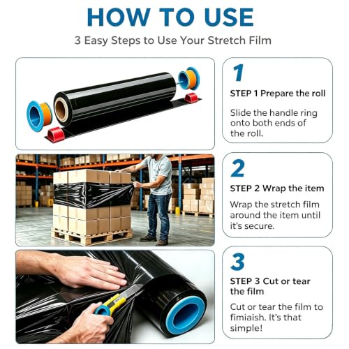 Black Stretch Wrap 20" x 820ft 80 Gauge Industrial Strength with Handle - color: Black 6 Pack