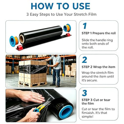 Black Stretch Wrap 20" x 820ft 80 Gauge Industrial Strength with Handle - color: Black 6 Pack