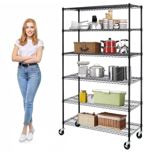 Meet perfect 6-Tier Wire Shelving Unit with Wheels, 48x18x72 in, Black - color: Black, size: 6-Tier, 72"H × 48"W × 18"D