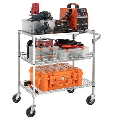 Finnhomy 3 Tier Heavy Duty Commercial Grade Utility Cart with Wood Top, Wire Rolling Cart with Wheels and Handle Bar, Kitchen Carts on Wheels, Metal Cart with 600 LBS Capacity, Chrome - style: 30“L Chrome