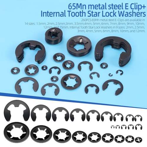 Glarks 261pcs 65Mn-Steel Internal Tooth Star Lock Washers and E-Clip Retaining Rings Kit Includes 100pcs 9 Sizes Push on Locking Washers and 160pcs 14 Sizes E-Ring Circlip Rings and A Tweezer