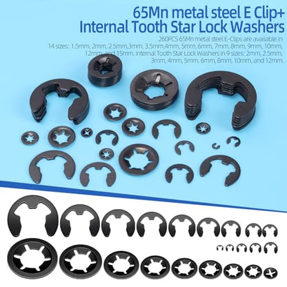 Glarks 261pcs 65Mn-Steel Internal Tooth Star Lock Washers and E-Clip Retaining Rings Kit Includes 100pcs 9 Sizes Push on Locking Washers and 160pcs 14 Sizes E-Ring Circlip Rings and A Tweezer