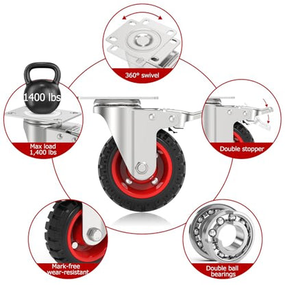 5" Swivel Caster Wheels Set of 4, Heavy Duty Casters with Brakes