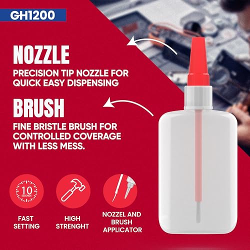 GH1200 (2-in-1) Super Glue with Brush Applicator & Nozzle, Mess Free Superglue Brush, Instant Never Dries, 3000 CPS Ca Glue, No Stain Clear Glue, Super Glue for Plastic, Rubber & More - style: 20g Super Glue Brush & Nozzle