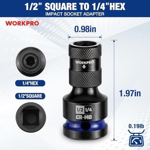 WORKPRO 1/2" Square Drive to 1/4" Hex Quick Release Socket Adapter, CR-MO - size: 1/2 inch