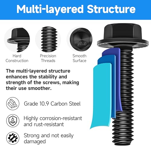 (10Sets) M8 Bolt x 35mm Flanged Hex Head Bolts, External Flange Hex Drive M8 Screws, Class 10.9 Black Zinc Plated Alloy Steel Metric M8x1.25 Bolts Kit - color: Black-M8, size: 35mm