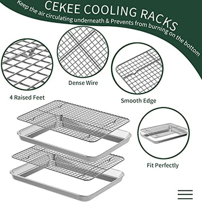 Quarter Sheet Pan with Cooling Rack Set [2 Baking Sheets + 2 Baking Racks], CEKEE Stainless Steel Cookie Sheets for Baking and Wire Rack - Rust & Warp Resistant & Nonstick, Size 12 x 9.8 x 1 Inch - size: 12*10*1Inch