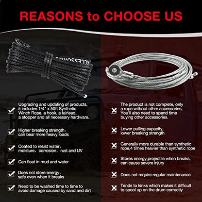 1/4" Synthetic Winch Rope 50 ft 10,000 lb UHMWPE Winch Cable Replacement Kit with Steel Hook, Aluminum Fairlead, Rubber Stopper, Protective Sleeve, Compatible with ATV UTV Truck Winches, Black - color: Black, size: 1/4 In x 50 Ft Upgraded