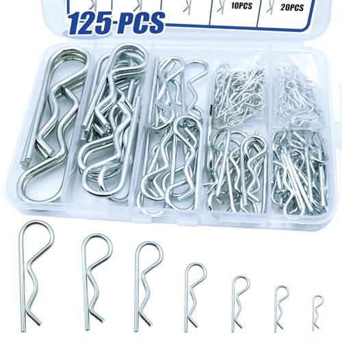125PCS Cotter Pin Assortment Kit, Zinc Plated Steel R Clip Cotter Pins Set, Split Pin Fastener Clips for Car Mechanics, Lawn Mowers, Trucks, Tractors Repair - size: 125PCS-R Clips