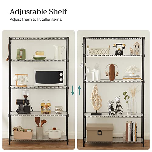 SONGMICS 5-Tier Storage Shelves, Adjustable Wire Shelving Unit, 8 Hooks - color: Ink Black, size: 5 Tiers (11.8"D x 35.4"W)