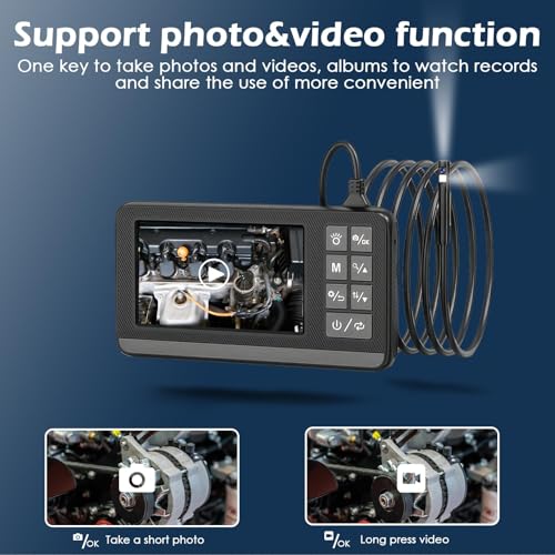 Dual Lens Endoscope Camera with Light, 1920P HD Borescope with 4.3" IPS Screen, IP67 Waterproof Inspection Camera with 8 Adjustable LEDs, 16.5ft Semi-Rigid Cable, 32GB Card-Black