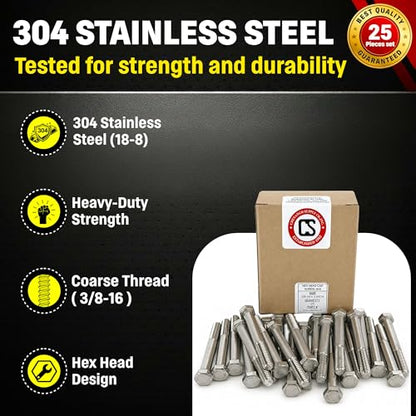 Chenango Supply 3/8-16 x 3 Stainless Steel Hex Head Bolts - size: 3/8-16x3"(25pcs)